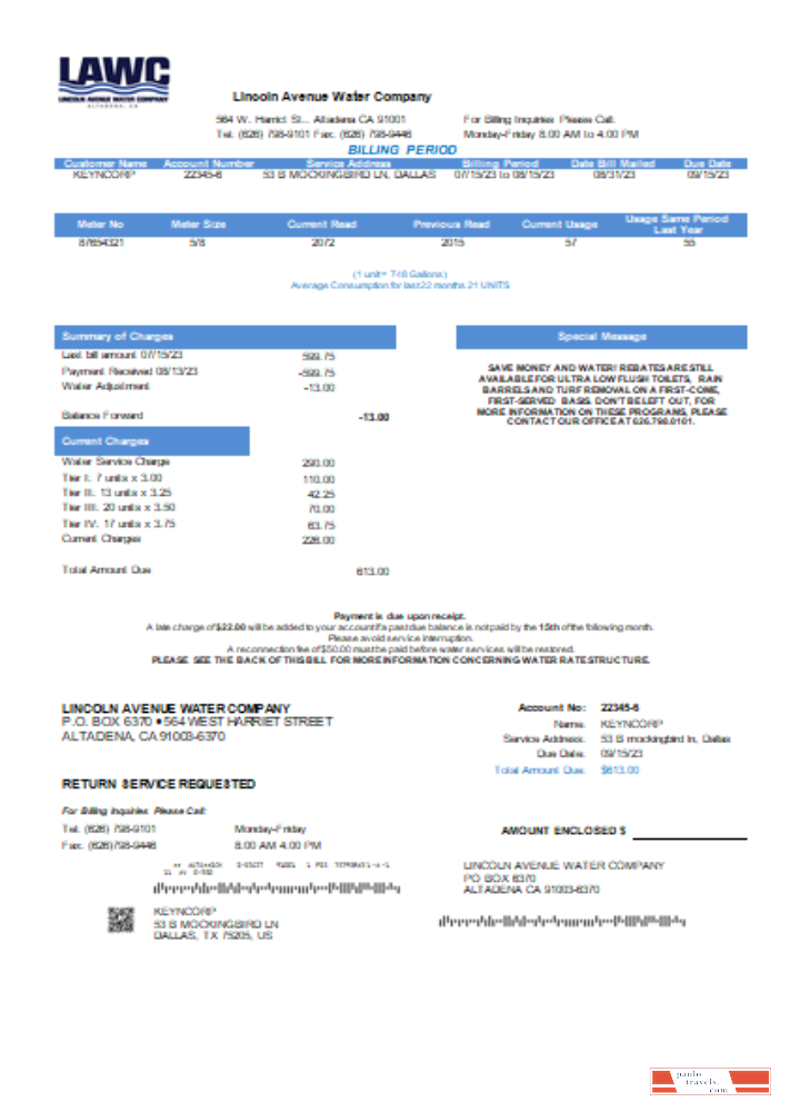 Lincoln Avenue Water Company utility business bill SCR PSD template